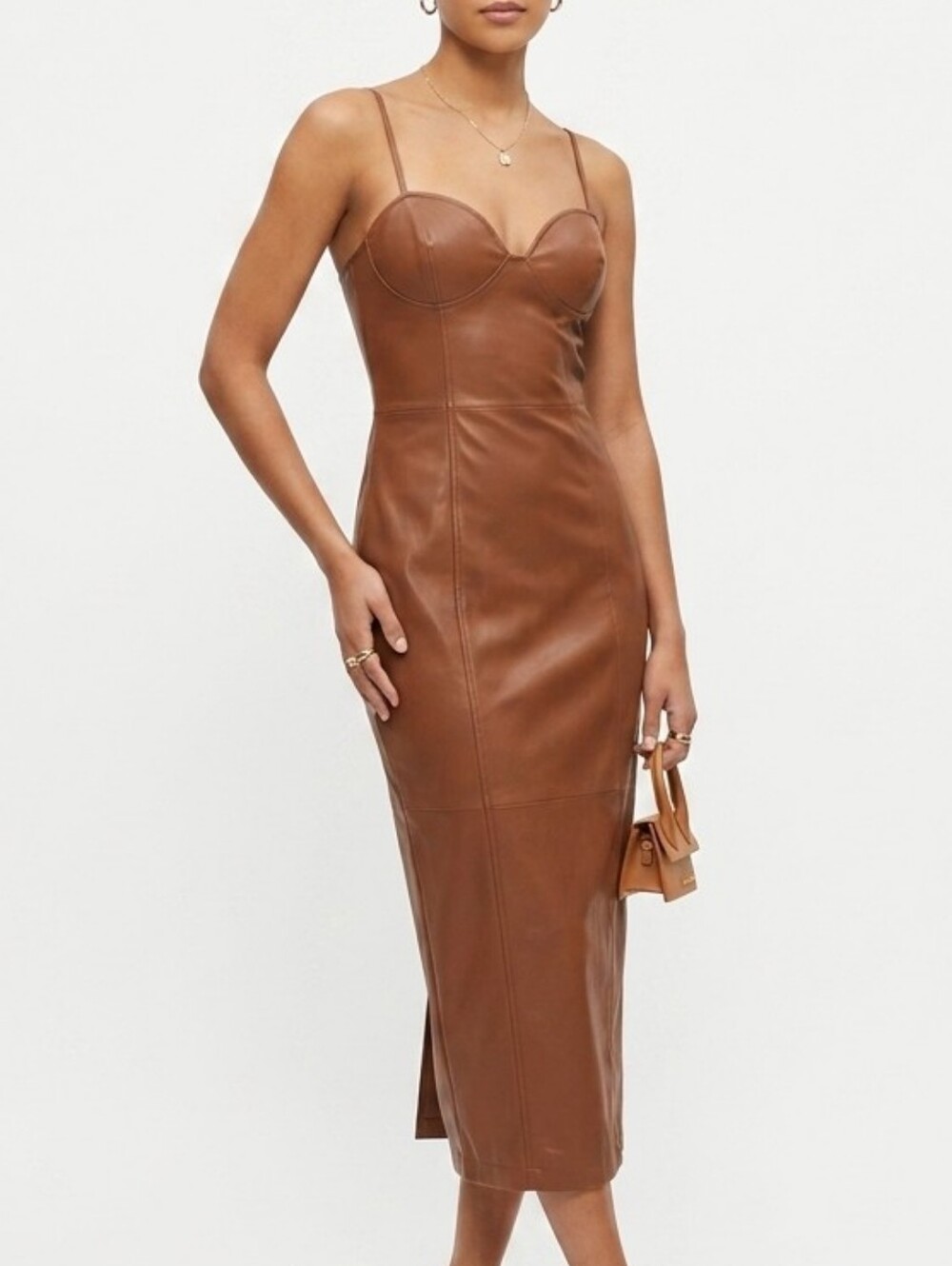 Zara Cognac Faux Leather Midi Dress with Spaghetti Straps